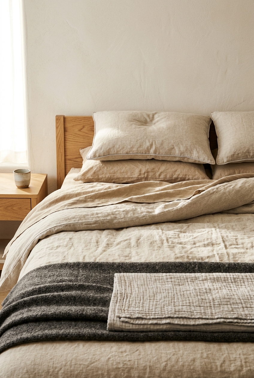 Close-up of a Japandi bed: oatmeal stonewashed linen duvet folded back over sand sheets, two flat linen pillows and a light oak headboard in soft window light