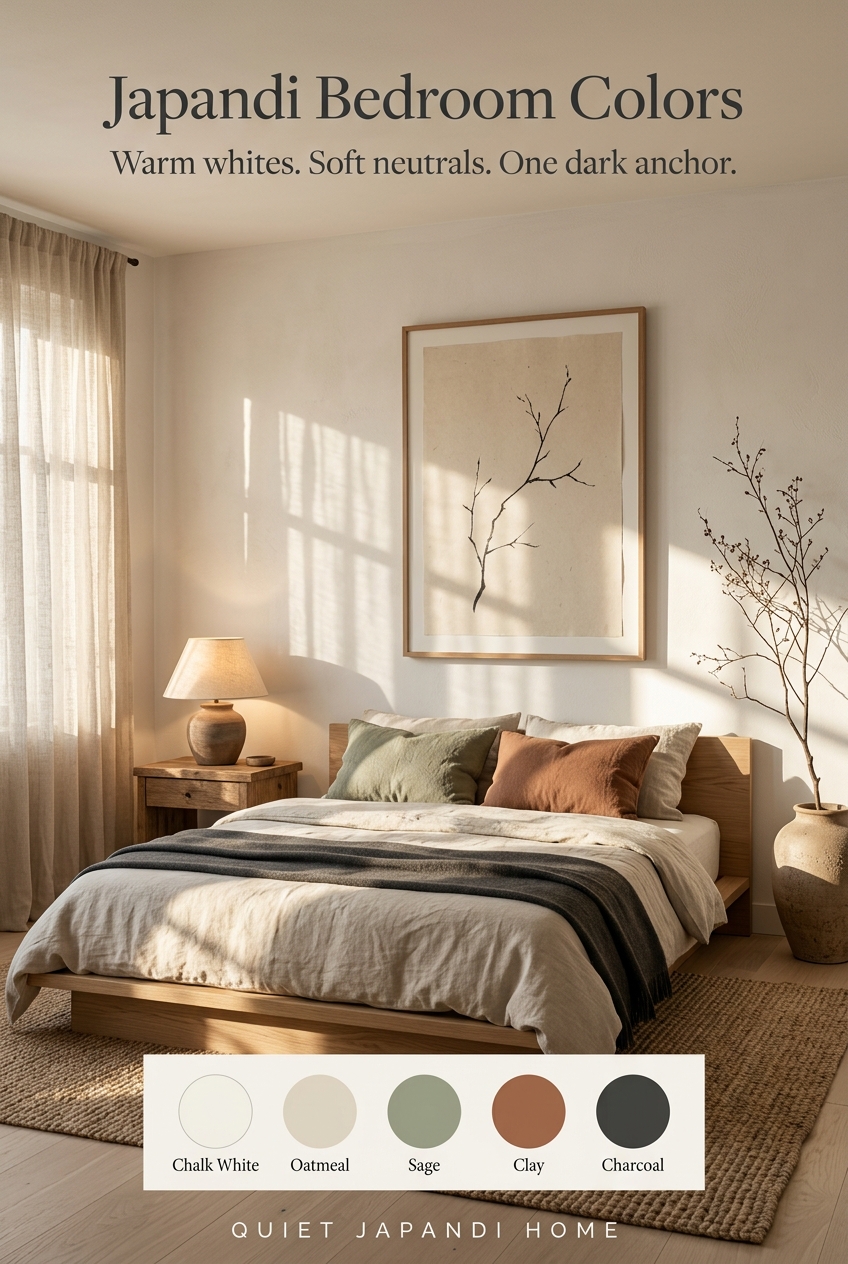 Japandi bedroom in late-afternoon light: chalk-white walls, light oak bed with oatmeal linen, charcoal wool throw, sage and clay cushions, a framed ink branch painting and a dried branch in a clay vase