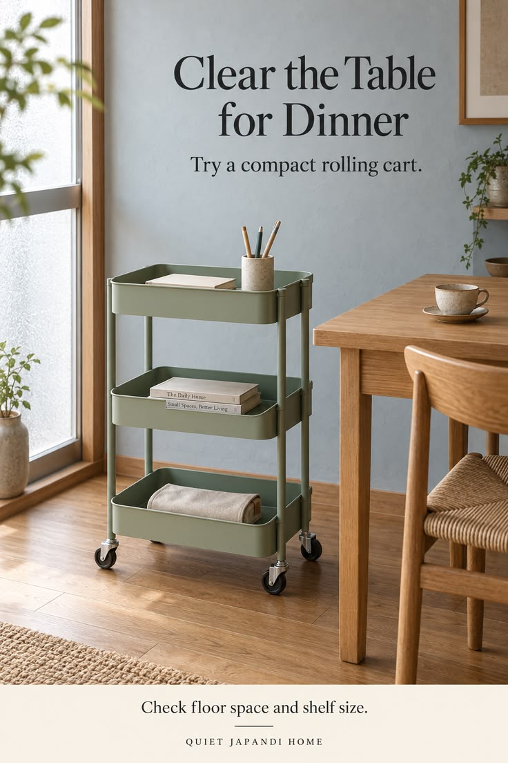 Compact sage-green rolling cart beside a small oak dining table by the window, holding books, pens and a folded linen cloth