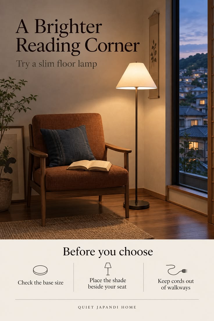Japandi reading corner at dusk: a wooden armchair with an indigo cushion, a slim floor lamp with a fabric shade and a window view of rooftops