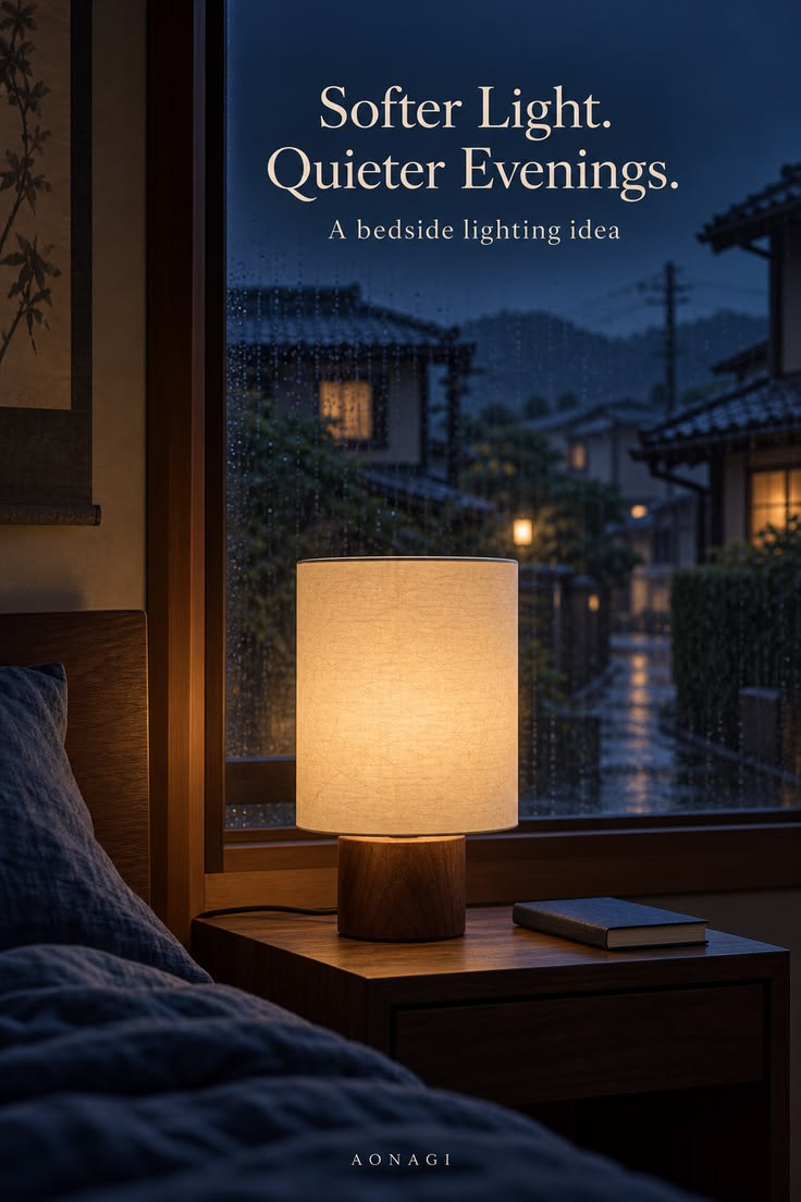 Japandi reading corner at dusk: a wooden armchair with an indigo cushion, a slim floor lamp with a fabric shade and a window view of rooftops