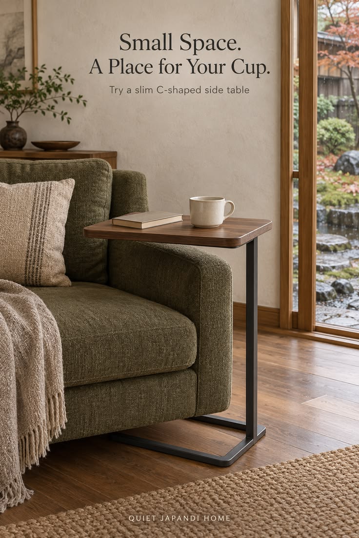 Olive linen sofa with a striped cushion and a slim walnut C-shaped side table holding a cup and a book, in front of a garden window
