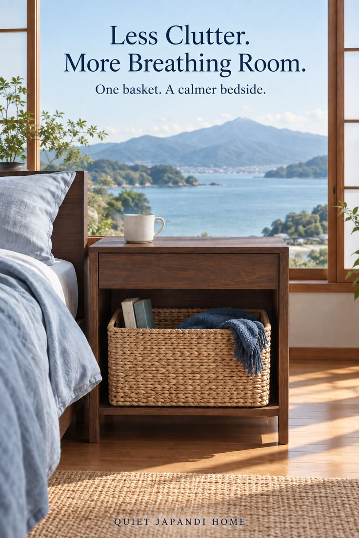 Light oak Japandi nightstand with a single drawer, a small ceramic lamp, a stack of two books and a bud vase with one branch