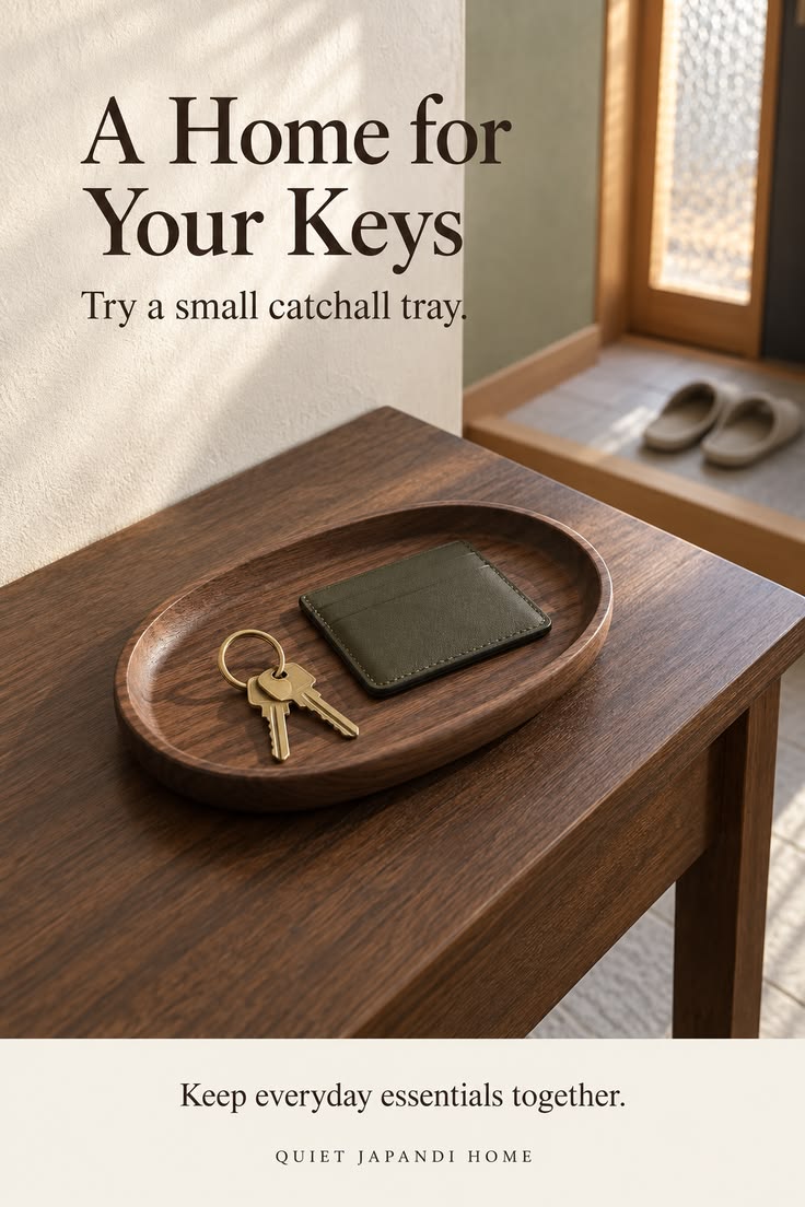 Walnut console at a Japandi entryway with an oval wooden catchall tray holding keys and a slim card wallet, slippers by the door