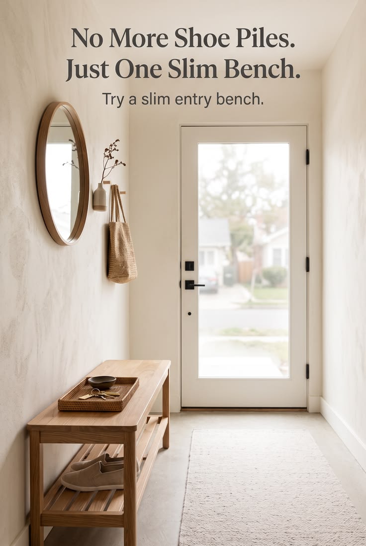 Walnut console at a Japandi entryway with an oval wooden catchall tray holding keys and a slim card wallet, slippers by the door