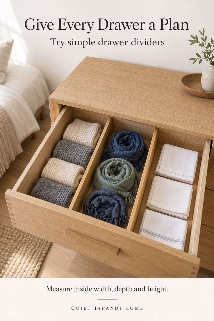 Open oak dresser drawer with wooden dividers holding rolled socks, folded scarves and linen napkins, beside a Japandi bed