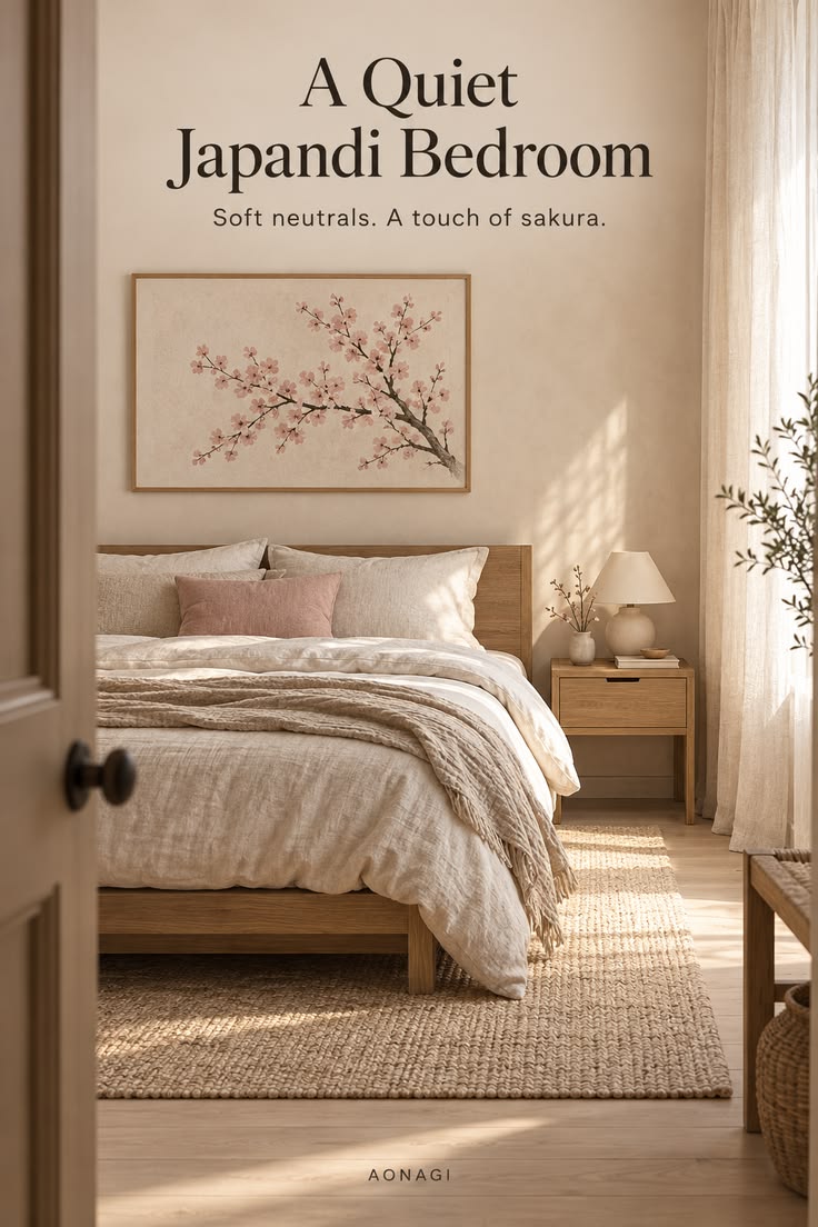 Small Japandi bedroom with a low oak bed, oatmeal linen bedding, a blush cushion, a framed sakura print above the bed and a jute rug in soft morning light